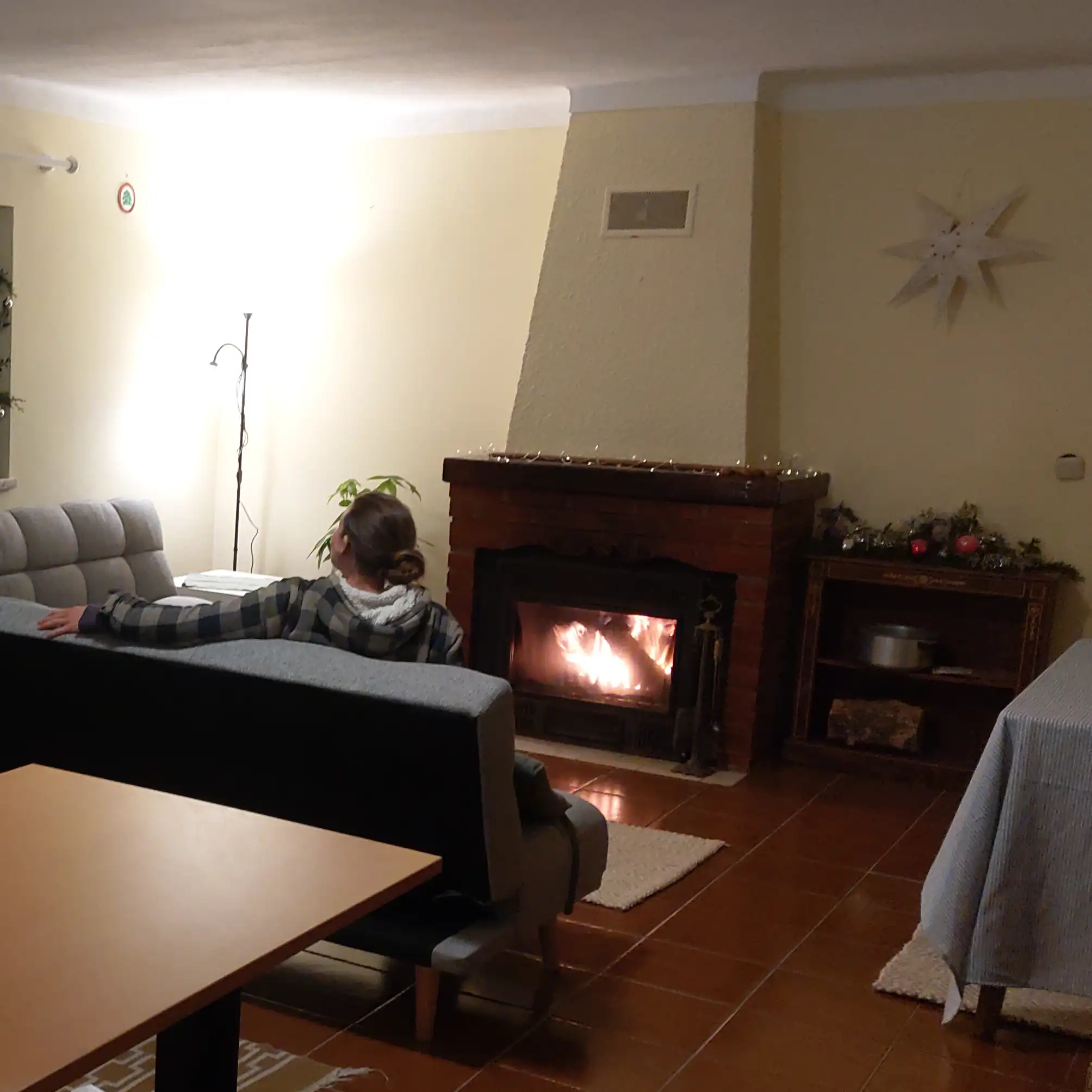 Acogedor salón con chimenea encendida, ideal para un invierno relajante.