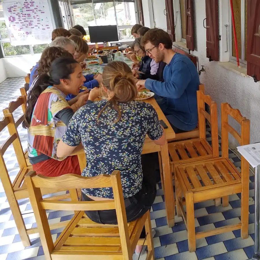 Compañía disfrutando de una comida casera en un ambiente acogedor y relajado.