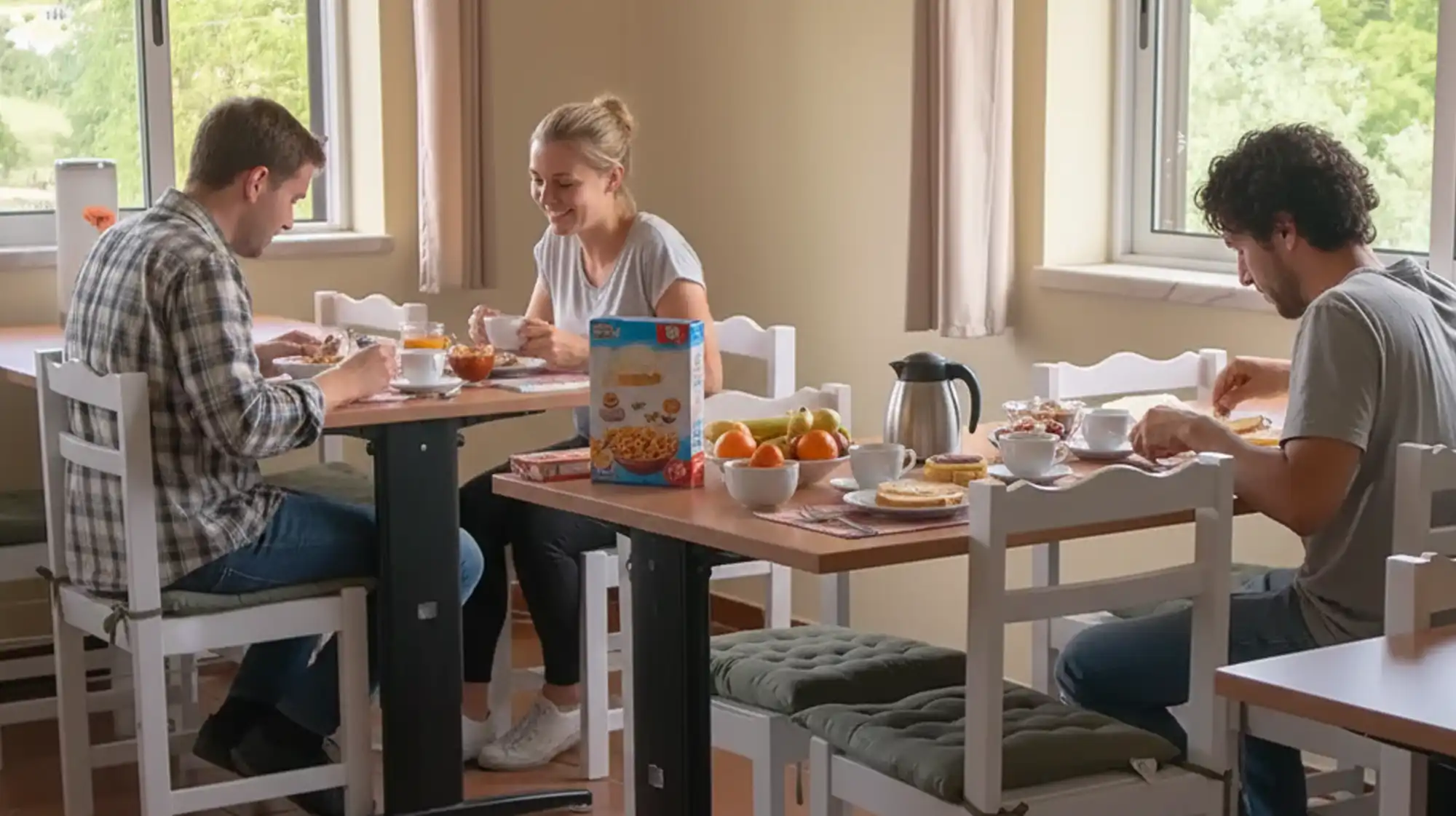 Breakfast, A rustic breakfast table set with bread, fruit, homemade jam, and fresh juice.