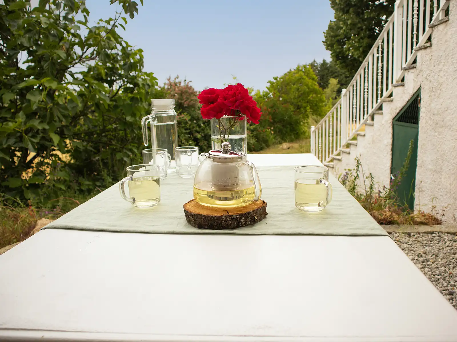 Refúgio Sereno: Vinho, Flores e a Beleza da Serra da Estrela Relaxante terraço com flores e vinho, paisagem serena na Serra da Estrela.