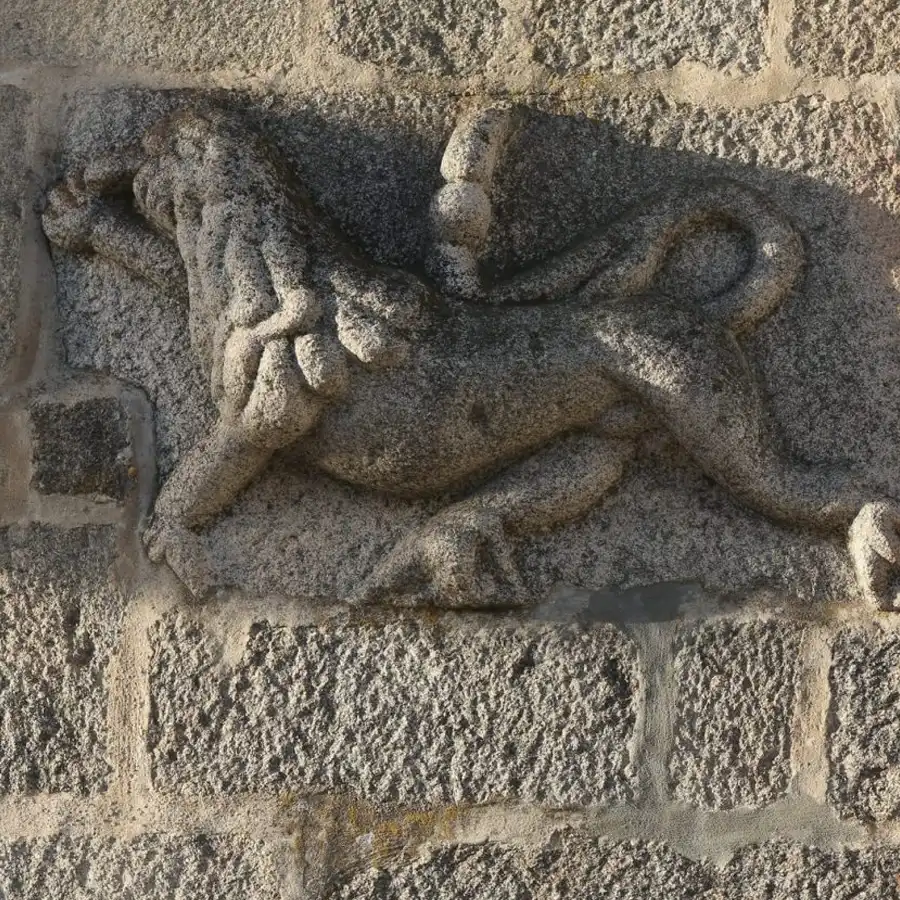 Detalhe em pedra: um leão de bravura, guardião de histórias e tradições.